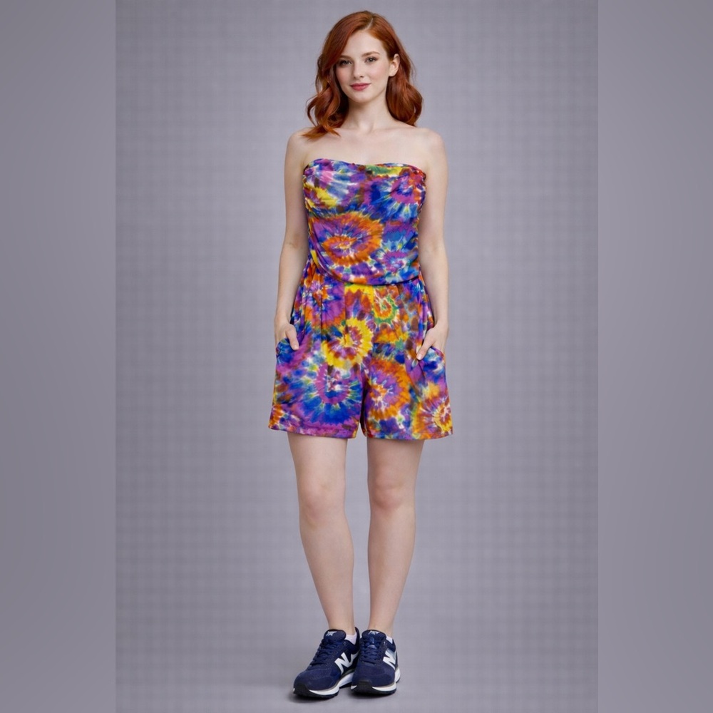 Love Tie-Dye Strapless Romper Jumpsuit Shorts Pockets Festival Boho M